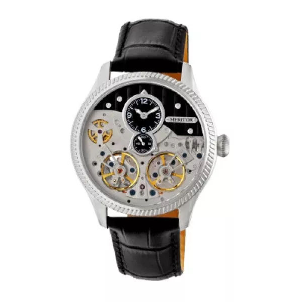 Heritor Automatic Winthrop Leather-Band Skeleton Watch - Silver/Black