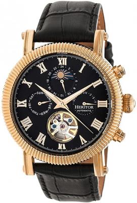 Heritor Automatic Winston Semi-Skeleton Leather-Band Watch - Rose Gold/Black