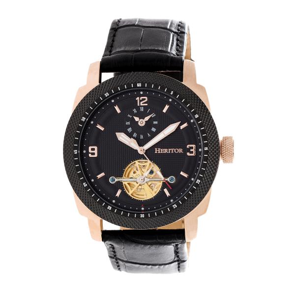 Heritor Automatic Helmsley Semi-Skeleton Leather-Band Watch - Rose Gold/Black