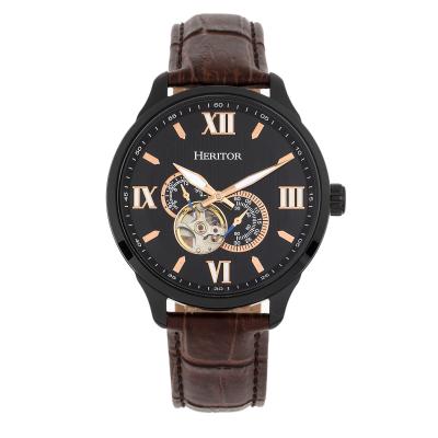 Heritor Automatic Harding Semi-Skeleton Leather-Band Watch - Black