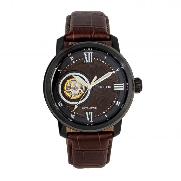 Heritor Automatic Maxim Semi-Skeleton Leather-Band Watch - Black/Brown