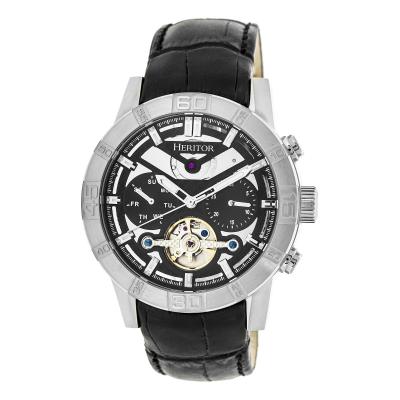 Heritor Automatic Hannibal Semi-Skeleton Leather-Band Watch - Silver/Black