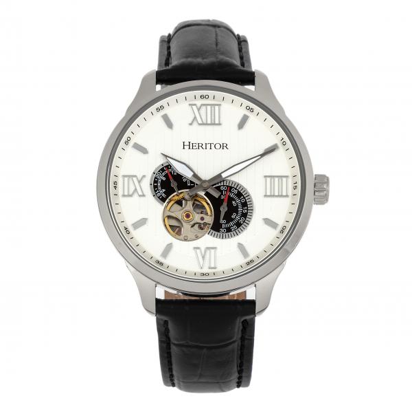 Heritor Automatic Harding Semi-Skeleton Leather-Band Watch - Silver/White
