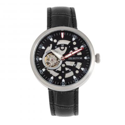 Heritor Automatic Jasper Skeleton Leather-Band Watch - Silver/Black