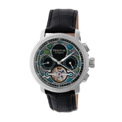 Heritor Automatic Aura Men's Semi-Skeleton Leather-Band Watch - Silver/Black