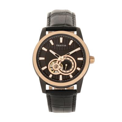 Heritor Automatic Davidson Semi-Skeleton Leather-Band Watch - Rose Gold/Black