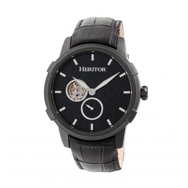 Heritor Automatic Callisto Semi-Skeleton Leather-Band Watch - Black