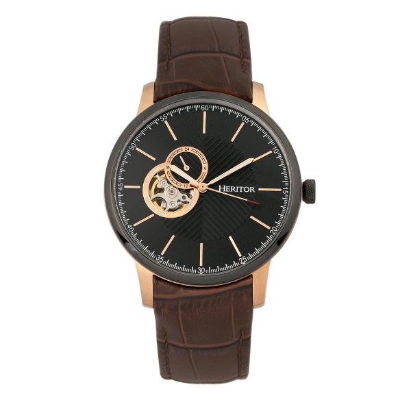Heritor Automatic Landon Semi-Skeleton Leather-Band Watch - Rose Gold/Brown