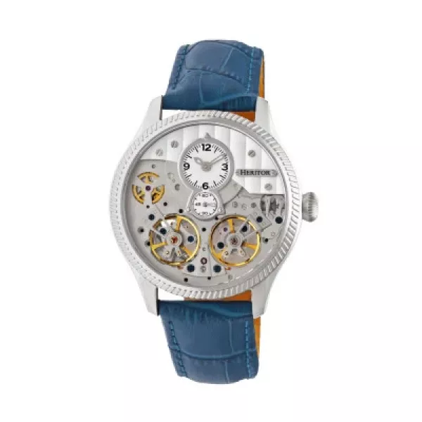Heritor Automatic Winthrop Leather-Band Skeleton Watch - Silver/Blue