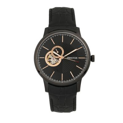 Heritor Automatic Landon Semi-Skeleton Leather-Band Watch - Black
