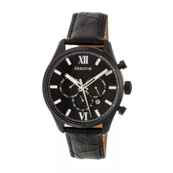 Heritor Automatic Benedict Leather-Band Watch w/ Day/Date - Black