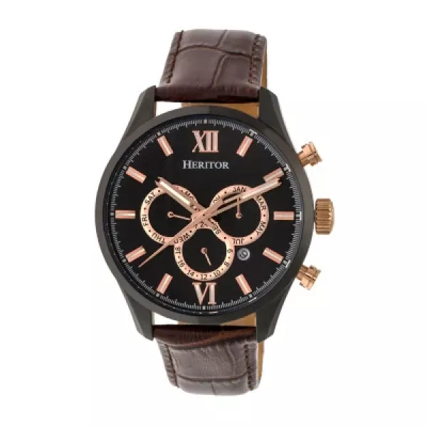 Heritor Automatic Benedict Leather-Band Watch w/ Day/Date - Black/Dark Brown