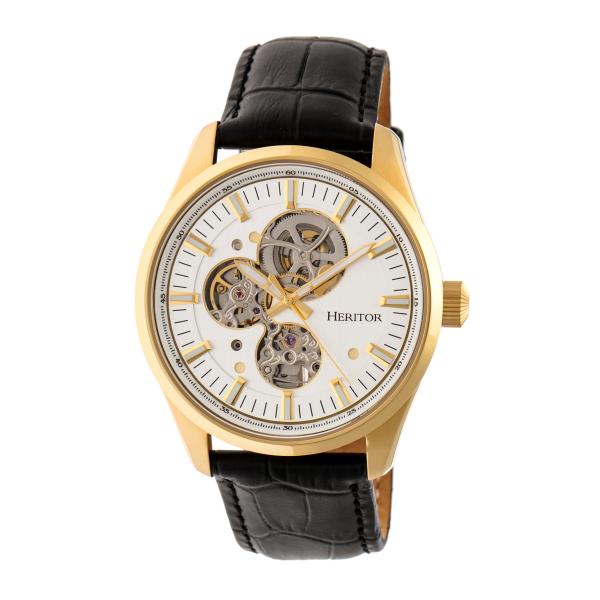 Heritor Automatic Stanley Semi-Skeleton Leather-Band Watch - Gold/Silver