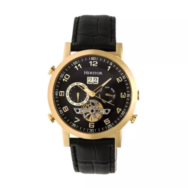 Heritor Automatic Edmond Leather-Band Watch w/Date - Gold/Black