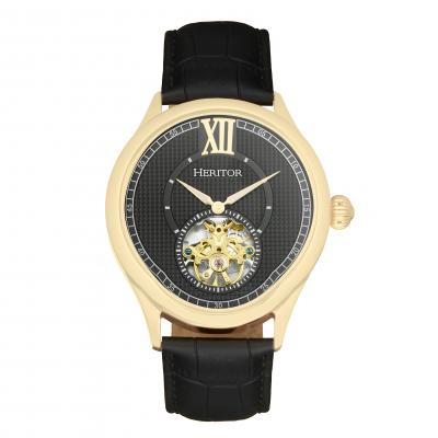 Heritor Automatic Hayward Semi-Skeleton Leather-Band Watch - Gold/Black