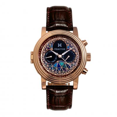 Heritor Automatic Legacy Leather-Band Watch w/Day/Date - Rose Gold/Brown
