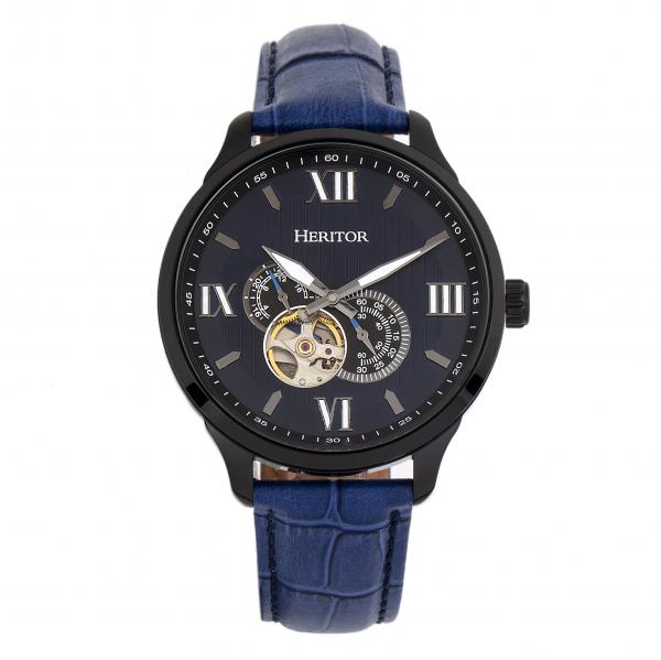 Heritor Automatic Harding Semi-Skeleton Leather-Band Watch - Black/Blue