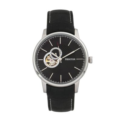 Heritor Automatic Landon Semi-Skeleton Leather-Band Watch - Silver/Black