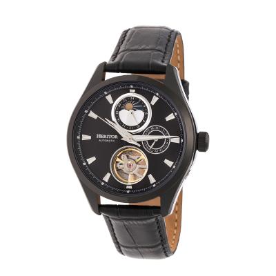 Heritor Automatic Sebastian Semi-Skeleton Leather-Band Watch - Black