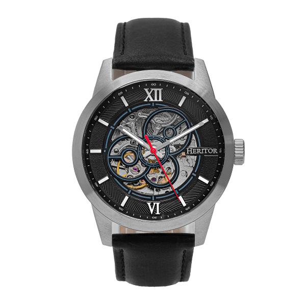 Heritor Automatic Jonas Leather-Band Skeleton Watch - Silver/Black