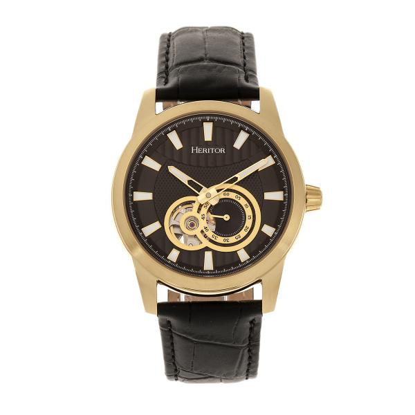 Heritor Automatic Davidson Semi-Skeleton Leather-Band Watch - Gold/Black