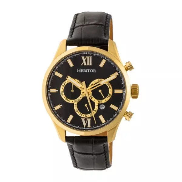 Heritor Automatic Benedict Leather-Band Watch w/ Day/Date - Gold/Black
