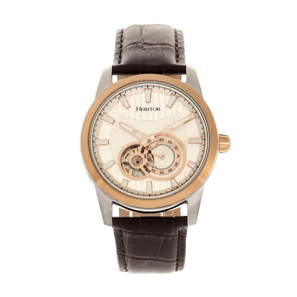Heritor Automatic Davidson Semi-Skeleton Leather-Band Watch - Rose Gold/Silver