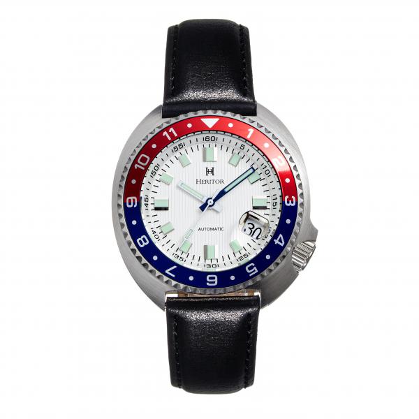 Heritor Automatic Pierce Genuine Leather-Band Watch w/Date - White/Red&Blue