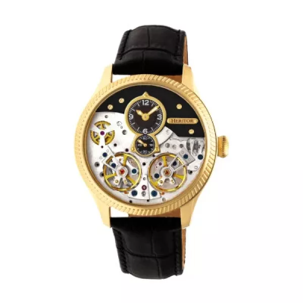 Heritor Automatic Winthrop Leather-Band Skeleton Watch - Gold/Black