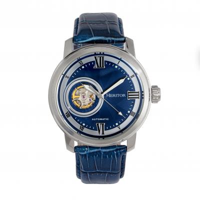 Heritor Automatic Maxim Semi-Skeleton Leather-Band Watch - Silver/Blue