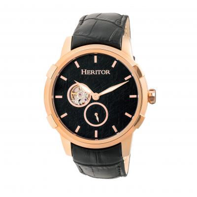 Heritor Automatic Callisto Semi-Skeleton Leather-Band Watch - Rose Gold/Black