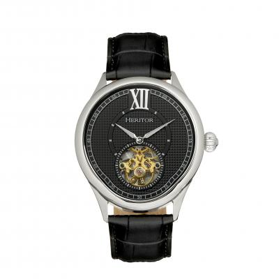 Heritor Automatic Hayward Semi-Skeleton Leather-Band Watch - Silver/Black