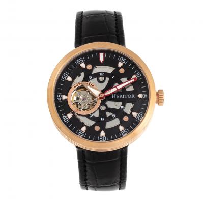 Heritor Automatic Jasper Skeleton Leather-Band Watch - Rose Gold/Black