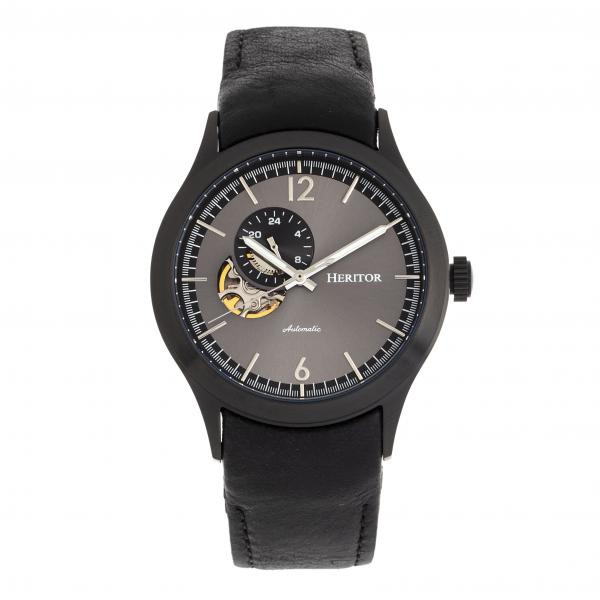 Heritor Automatic Antoine Semi-Skeleton Leather-Band Watch - Black/Charcoal