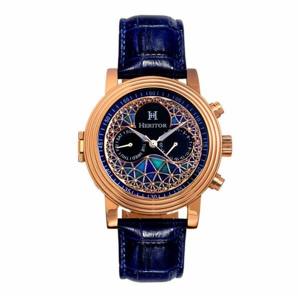 Heritor Automatic Legacy Leather-Band Watch w/Day/Date - Rose Gold/Blue