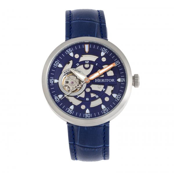 Heritor Automatic Jasper Skeleton Leather-Band Watch - Silver/Blue