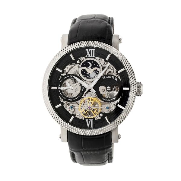Heritor Automatic Aries Skeleton Leather-Band Watch -Black