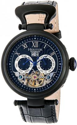 Heritor Automatic Ganzi Semi-Skeleton Leather-Band Watch - Black