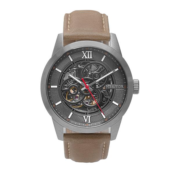Heritor Automatic Jonas Leather-Band Skeleton Watch - Silver/Grey